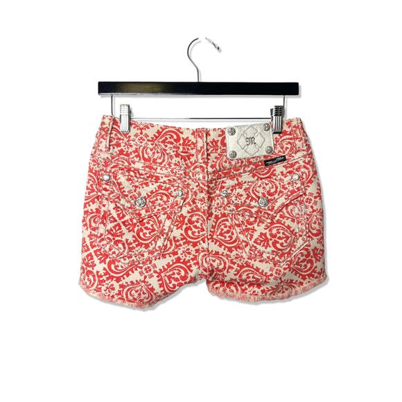 Miss Me Women's Cut Off Raw Hem Shorts Red & Tan Paisley, Size 26 - Picture 2 of 6